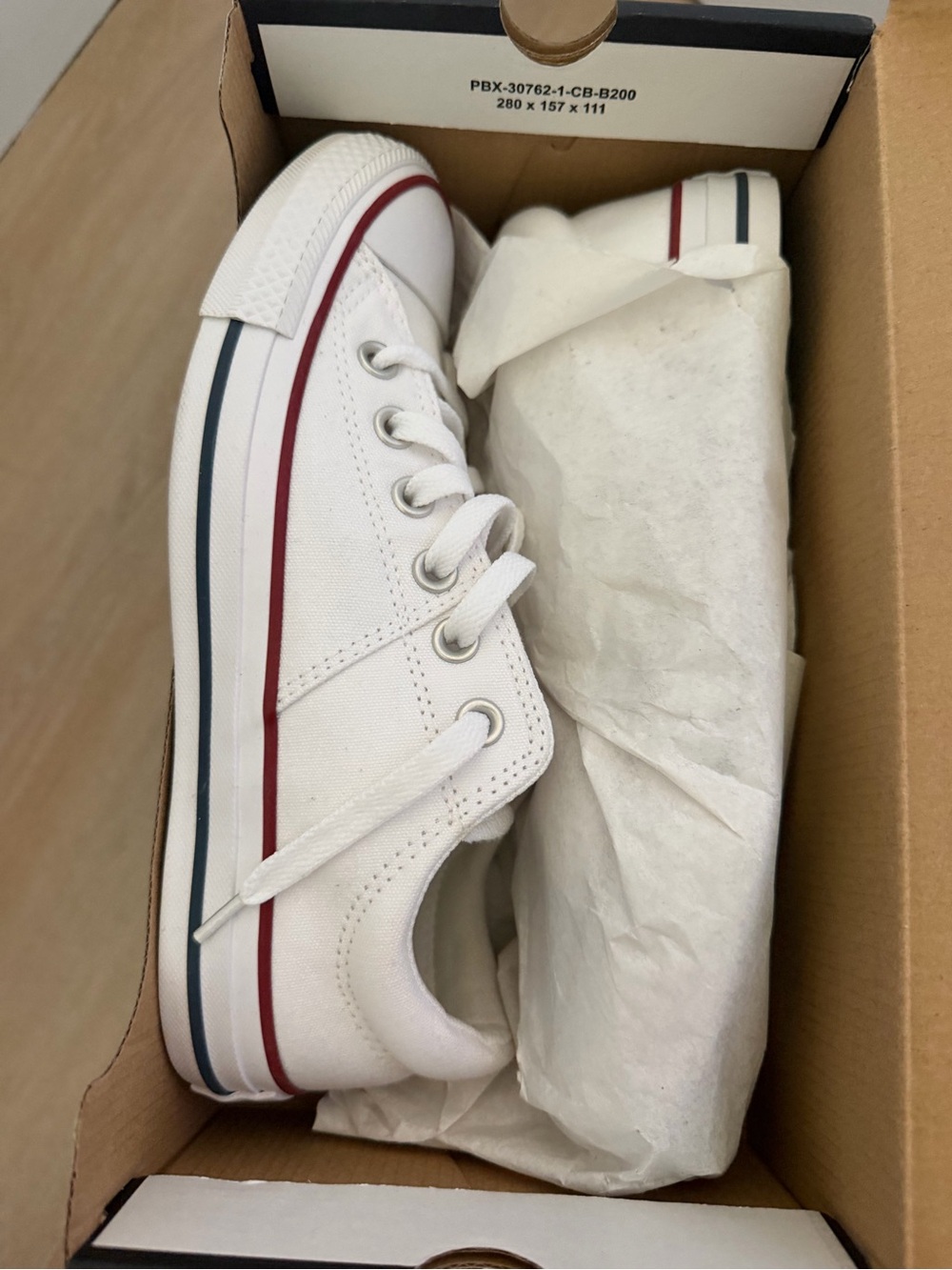 Converse White Canvas Low-Top Sneakers with Red & Navy Side Stripes